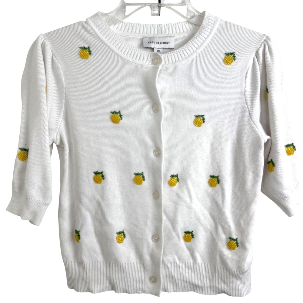 Free Assembly Pineapple Cardigan XS White Beaded‎ Fruit Preppy Coastal Cute